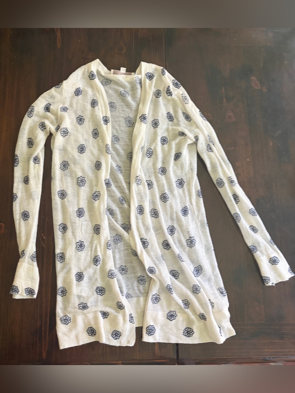 LOFT Cream Open-Front Cardigan with Navy Floral Dot Pattern